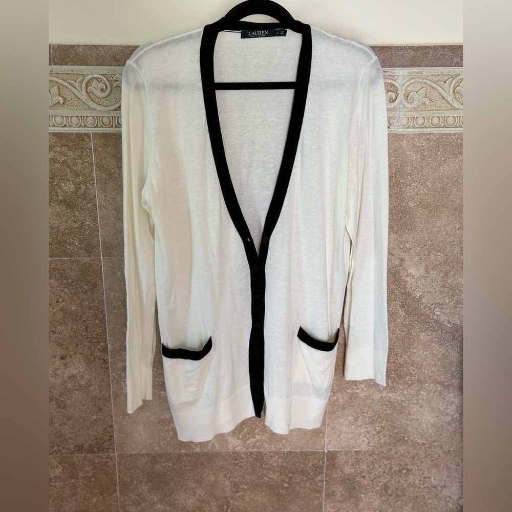 Lauren ralph lauren cardigan cream with black trim sz L